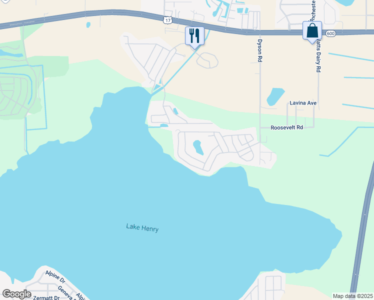 map of restaurants, bars, coffee shops, grocery stores, and more near 642 Watercrest Drive in Haines City