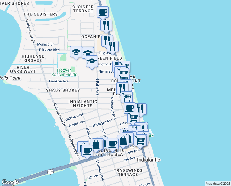 map of restaurants, bars, coffee shops, grocery stores, and more near 862 North Miramar Avenue in Indialantic