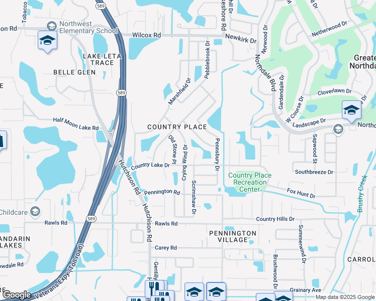 map of restaurants, bars, coffee shops, grocery stores, and more near 15911 Scrimshaw Drive in Tampa