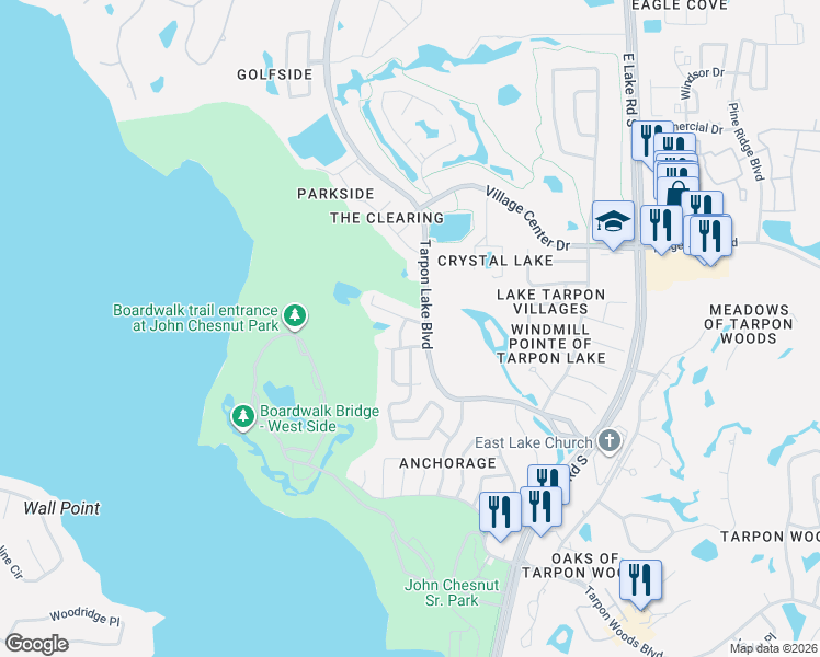 map of restaurants, bars, coffee shops, grocery stores, and more near 4399 Brooker Creek Drive in Palm Harbor