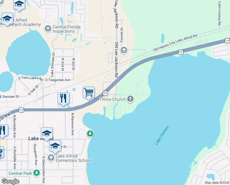 map of restaurants, bars, coffee shops, grocery stores, and more near 340 Mosley Road in Lake Alfred