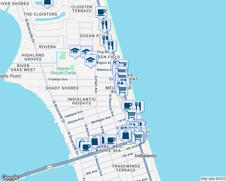 map of restaurants, bars, coffee shops, grocery stores, and more near 1130 North Shannon Avenue in Indialantic