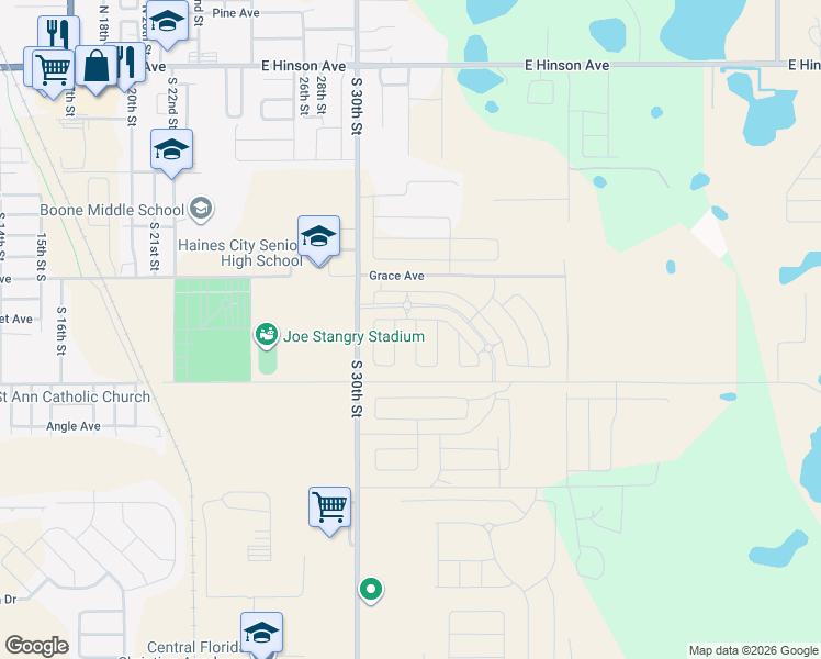 map of restaurants, bars, coffee shops, grocery stores, and more near 3810 Grace Avenue in Haines City