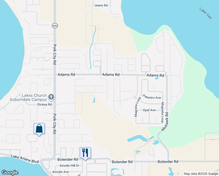 map of restaurants, bars, coffee shops, grocery stores, and more near 145 Costa Loop in Auburndale