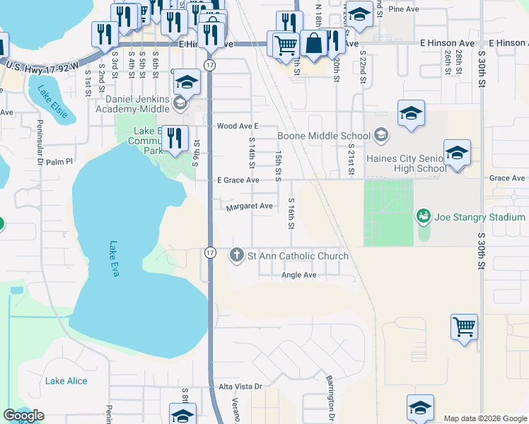 map of restaurants, bars, coffee shops, grocery stores, and more near 1221 Margaret Avenue in Haines City