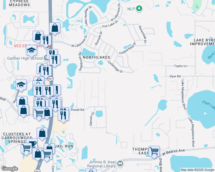 map of restaurants, bars, coffee shops, grocery stores, and more near 16009 Hampton Village Drive in Tampa