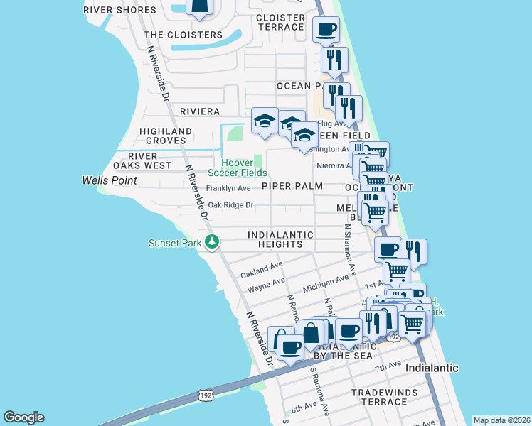map of restaurants, bars, coffee shops, grocery stores, and more near 501 Oak Ridge Drive in Indialantic