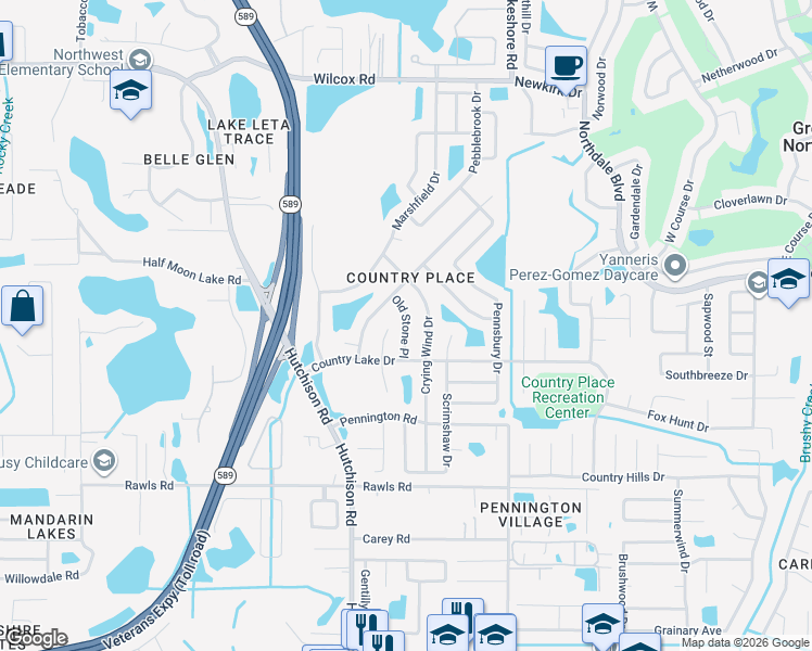 map of restaurants, bars, coffee shops, grocery stores, and more near 15910 Old Stone Place in Tampa