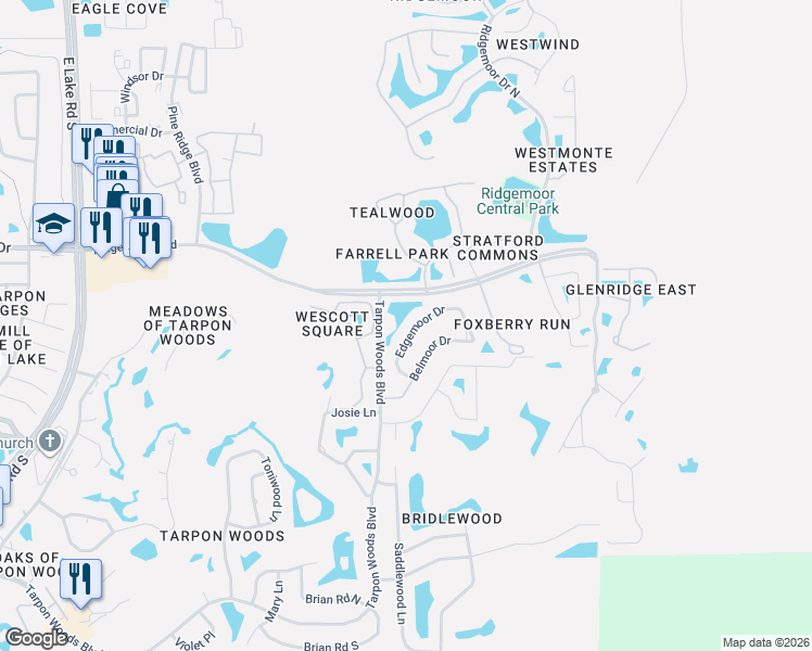 map of restaurants, bars, coffee shops, grocery stores, and more near 3126 Edgemoor Drive in Palm Harbor