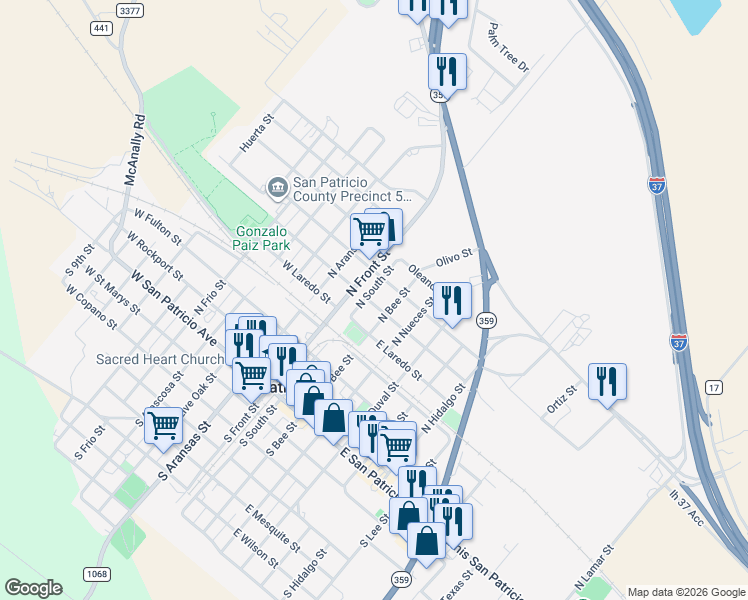 map of restaurants, bars, coffee shops, grocery stores, and more near 610 North South Street in Mathis