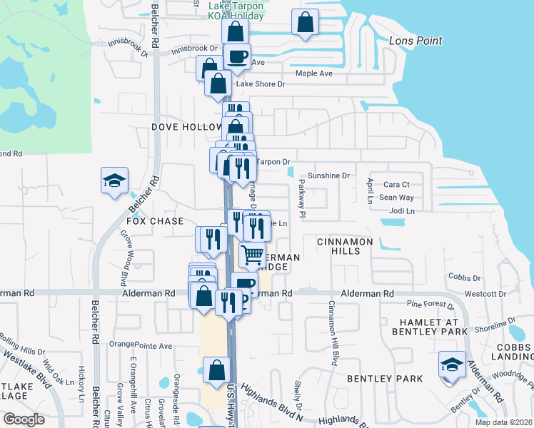 map of restaurants, bars, coffee shops, grocery stores, and more near 2631 Country Grove Boulevard in Palm Harbor