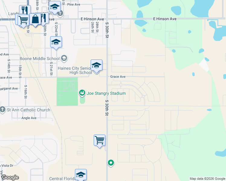 map of restaurants, bars, coffee shops, grocery stores, and more near 622 South 30th Street in Haines City