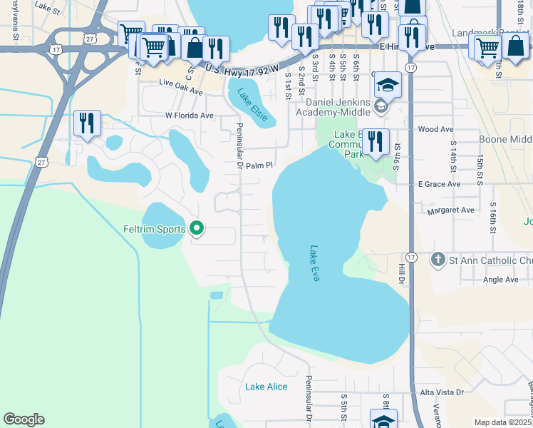 map of restaurants, bars, coffee shops, grocery stores, and more near 125 East Graham Park Drive in Haines City