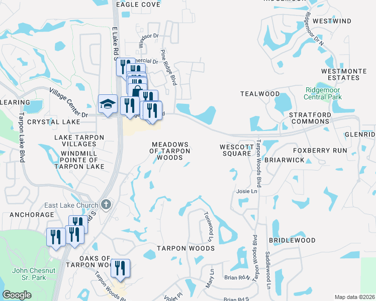 map of restaurants, bars, coffee shops, grocery stores, and more near 3434 Tanglewood Trail in Palm Harbor