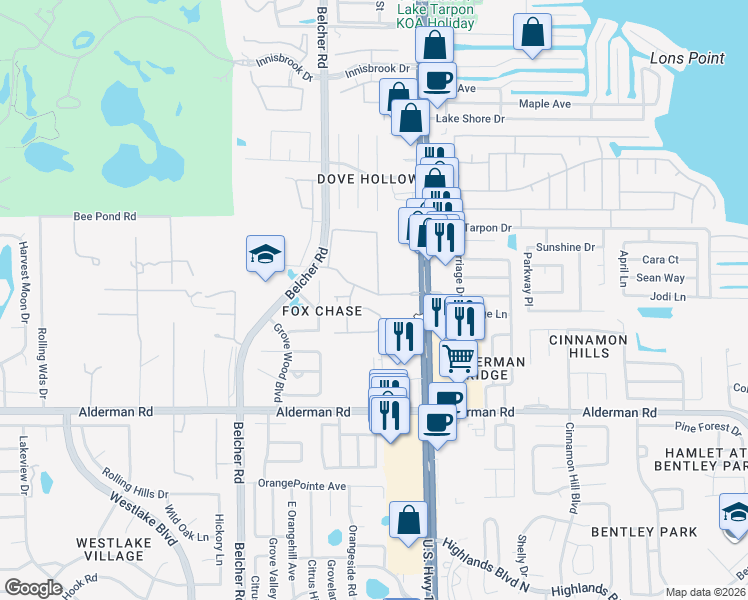 map of restaurants, bars, coffee shops, grocery stores, and more near 2411 Gun Flint Trail in Palm Harbor