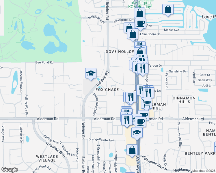map of restaurants, bars, coffee shops, grocery stores, and more near 3163C Claremont Place in Palm Harbor