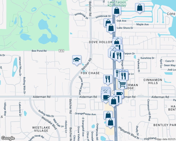 map of restaurants, bars, coffee shops, grocery stores, and more near 3163C Claremont Place in Palm Harbor