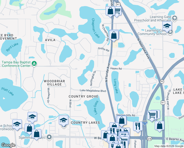 map of restaurants, bars, coffee shops, grocery stores, and more near 601 Colebrook Court in Lutz