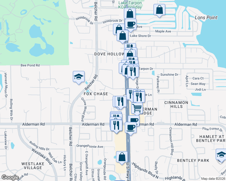 map of restaurants, bars, coffee shops, grocery stores, and more near 2411 Gun Flint Trail in Palm Harbor