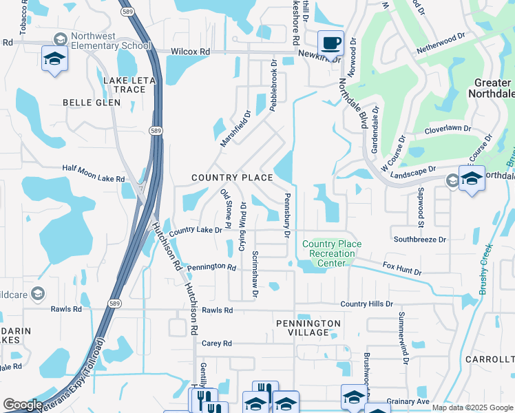 map of restaurants, bars, coffee shops, grocery stores, and more near 15911 Scrimshaw Drive in Tampa