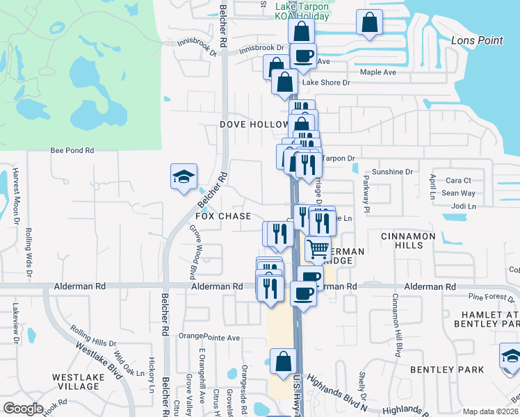 map of restaurants, bars, coffee shops, grocery stores, and more near 2411 Gun Flint Trail in Palm Harbor