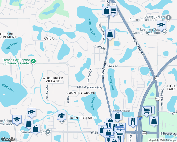 map of restaurants, bars, coffee shops, grocery stores, and more near 601 Colebrook Court in Lutz