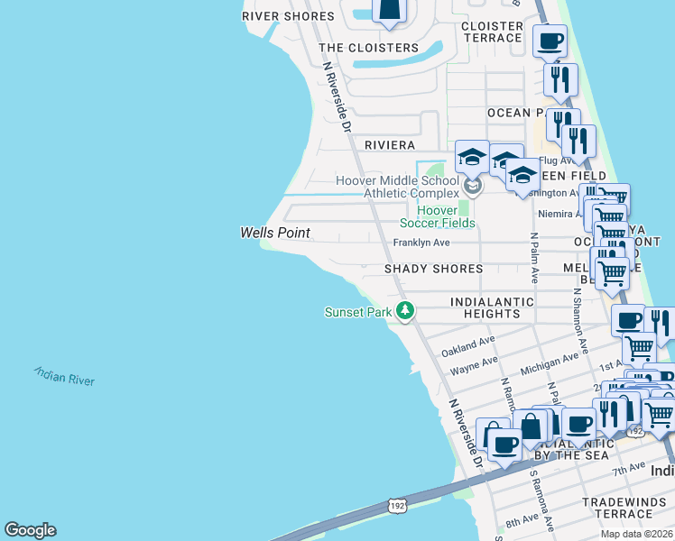 map of restaurants, bars, coffee shops, grocery stores, and more near 727 Oak Ridge Drive in Indialantic