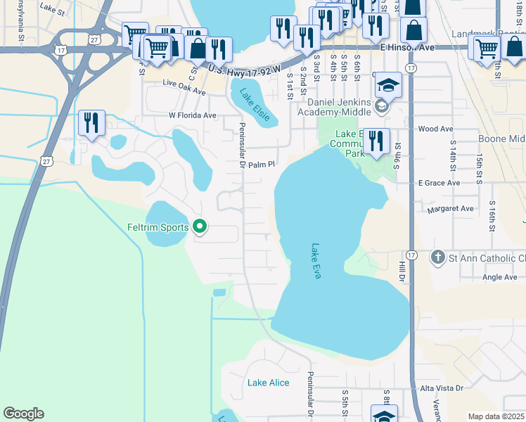 map of restaurants, bars, coffee shops, grocery stores, and more near 125 East Graham Park Drive in Haines City