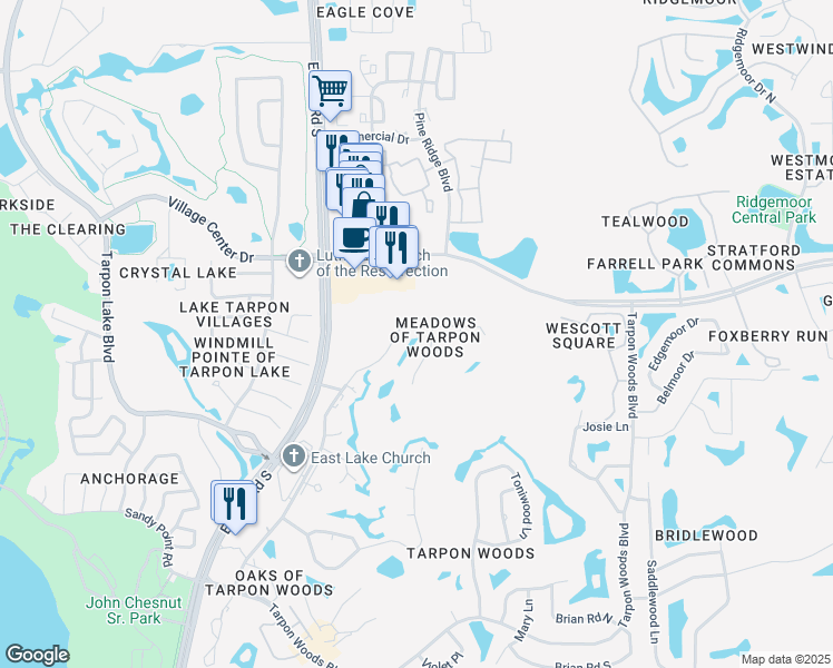 map of restaurants, bars, coffee shops, grocery stores, and more near 3290 Tanglewood Trail in Palm Harbor