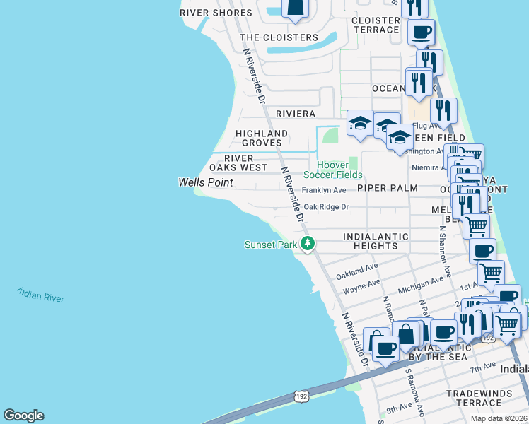 map of restaurants, bars, coffee shops, grocery stores, and more near 727 Oak Ridge Drive in Indialantic