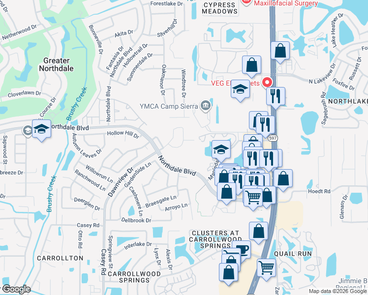 map of restaurants, bars, coffee shops, grocery stores, and more near 16112 Dawnview Drive in Tampa
