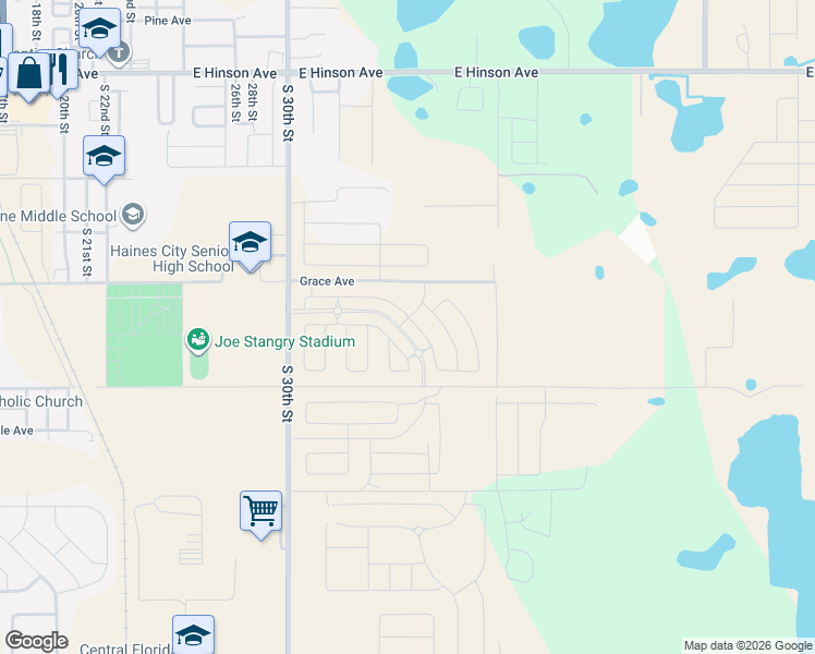 map of restaurants, bars, coffee shops, grocery stores, and more near 3500 Grace Avenue in Haines City