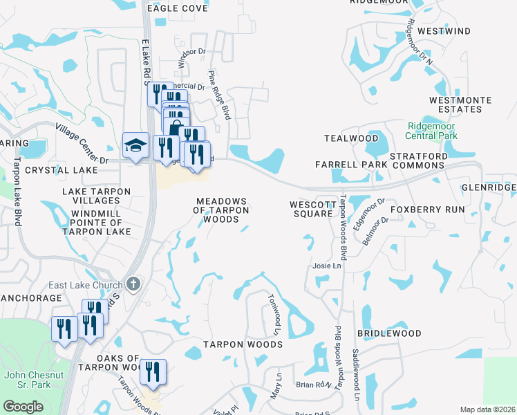 map of restaurants, bars, coffee shops, grocery stores, and more near 3543 Tanglewood Trail in Palm Harbor