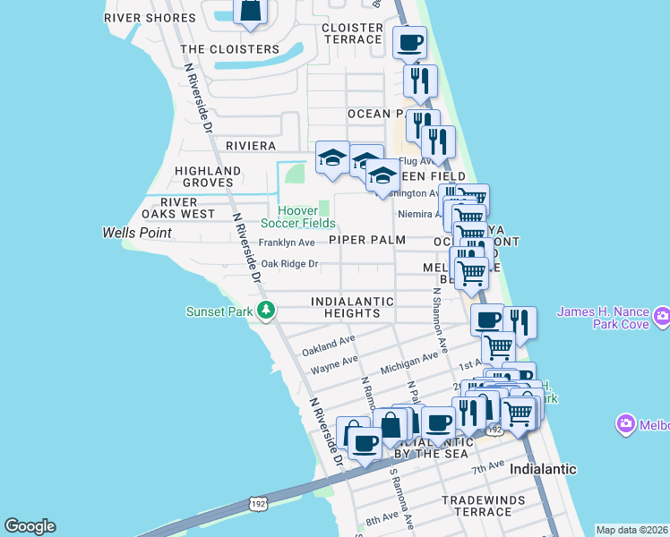 map of restaurants, bars, coffee shops, grocery stores, and more near 501 Oak Ridge Drive in Indialantic