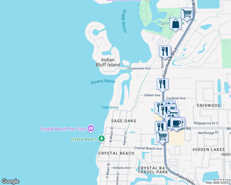 map of restaurants, bars, coffee shops, grocery stores, and more near 619 North Mayo Street in Palm Harbor