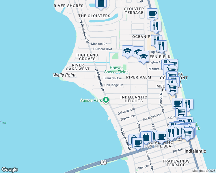 map of restaurants, bars, coffee shops, grocery stores, and more near 615 Oak Ridge Drive in Indialantic