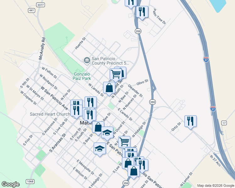 map of restaurants, bars, coffee shops, grocery stores, and more near 610 North South Street in Mathis