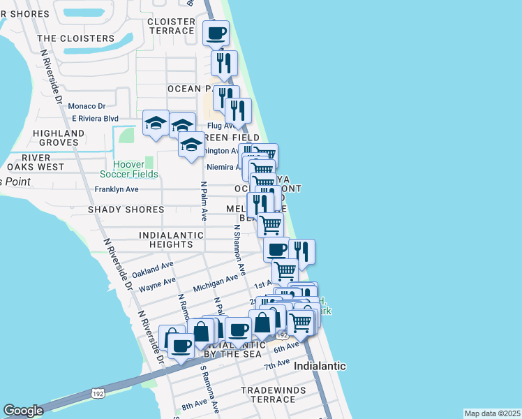 map of restaurants, bars, coffee shops, grocery stores, and more near 862 North Miramar Avenue in Indialantic