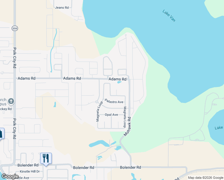 map of restaurants, bars, coffee shops, grocery stores, and more near 168 Magneta Loop in Auburndale