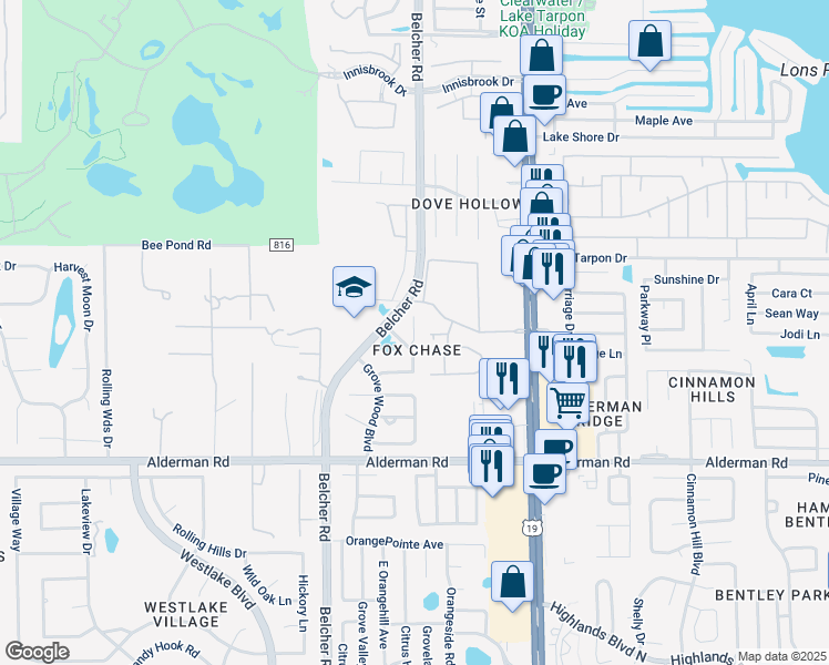 map of restaurants, bars, coffee shops, grocery stores, and more near 3163C Claremont Place in Palm Harbor