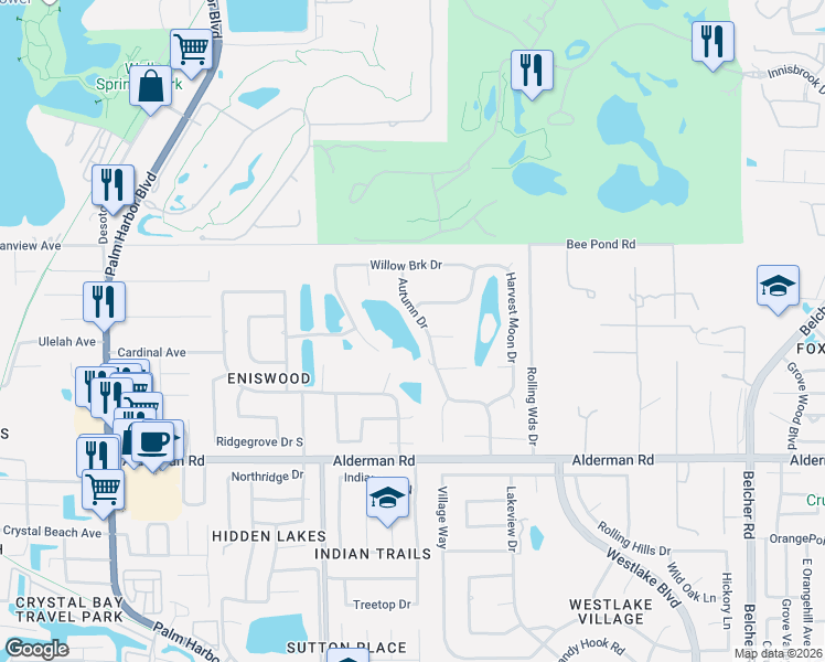 map of restaurants, bars, coffee shops, grocery stores, and more near 3148 Autumn Drive in Palm Harbor