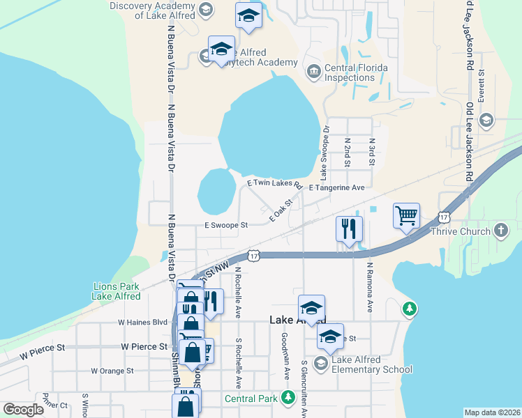 map of restaurants, bars, coffee shops, grocery stores, and more near 530 North Ridge Avenue in Lake Alfred