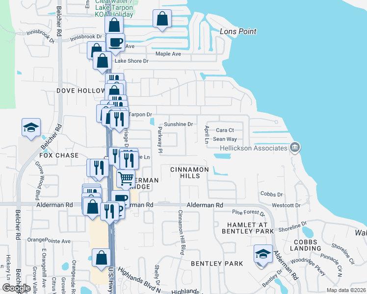 map of restaurants, bars, coffee shops, grocery stores, and more near 3229 Spanish Moss Lane in Palm Harbor