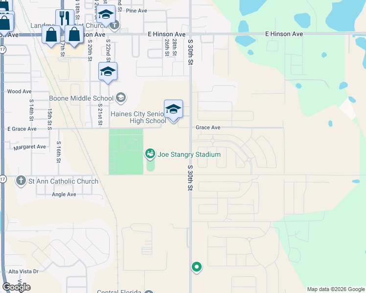 map of restaurants, bars, coffee shops, grocery stores, and more near 622 South 30th Street in Haines City