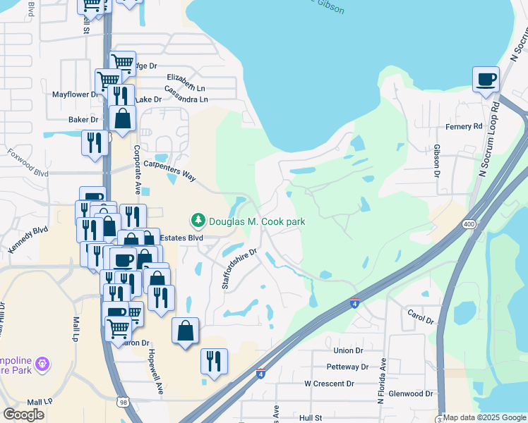 map of restaurants, bars, coffee shops, grocery stores, and more near 733 Carpenters Way in Lakeland