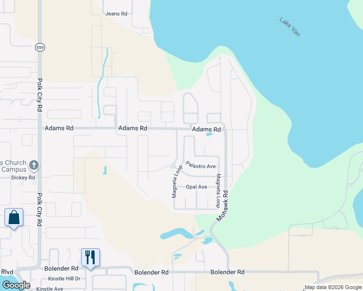 map of restaurants, bars, coffee shops, grocery stores, and more near 124 Magneta Loop in Auburndale