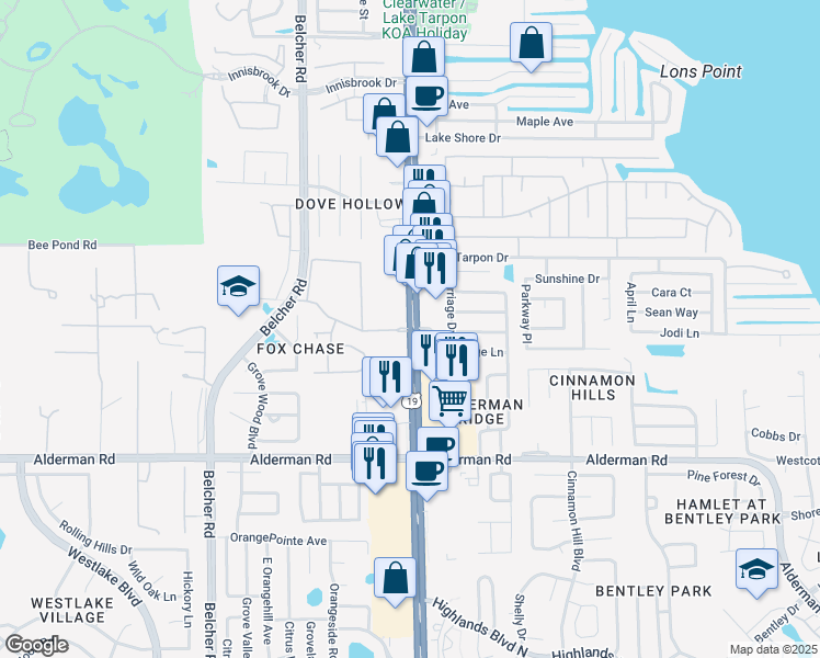 map of restaurants, bars, coffee shops, grocery stores, and more near 35820 US Highway 19 North in Palm Harbor