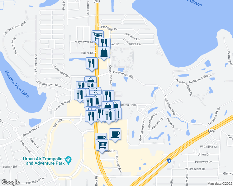 map of restaurants, bars, coffee shops, grocery stores, and more near 4355 Corporate Avenue in Lakeland
