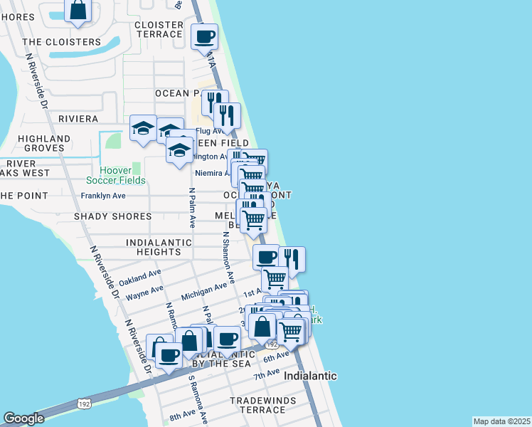 map of restaurants, bars, coffee shops, grocery stores, and more near 877 North Highway A1A in Indialantic
