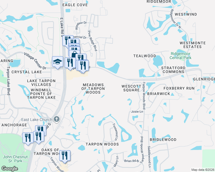 map of restaurants, bars, coffee shops, grocery stores, and more near 3543 Tanglewood Trail in Palm Harbor